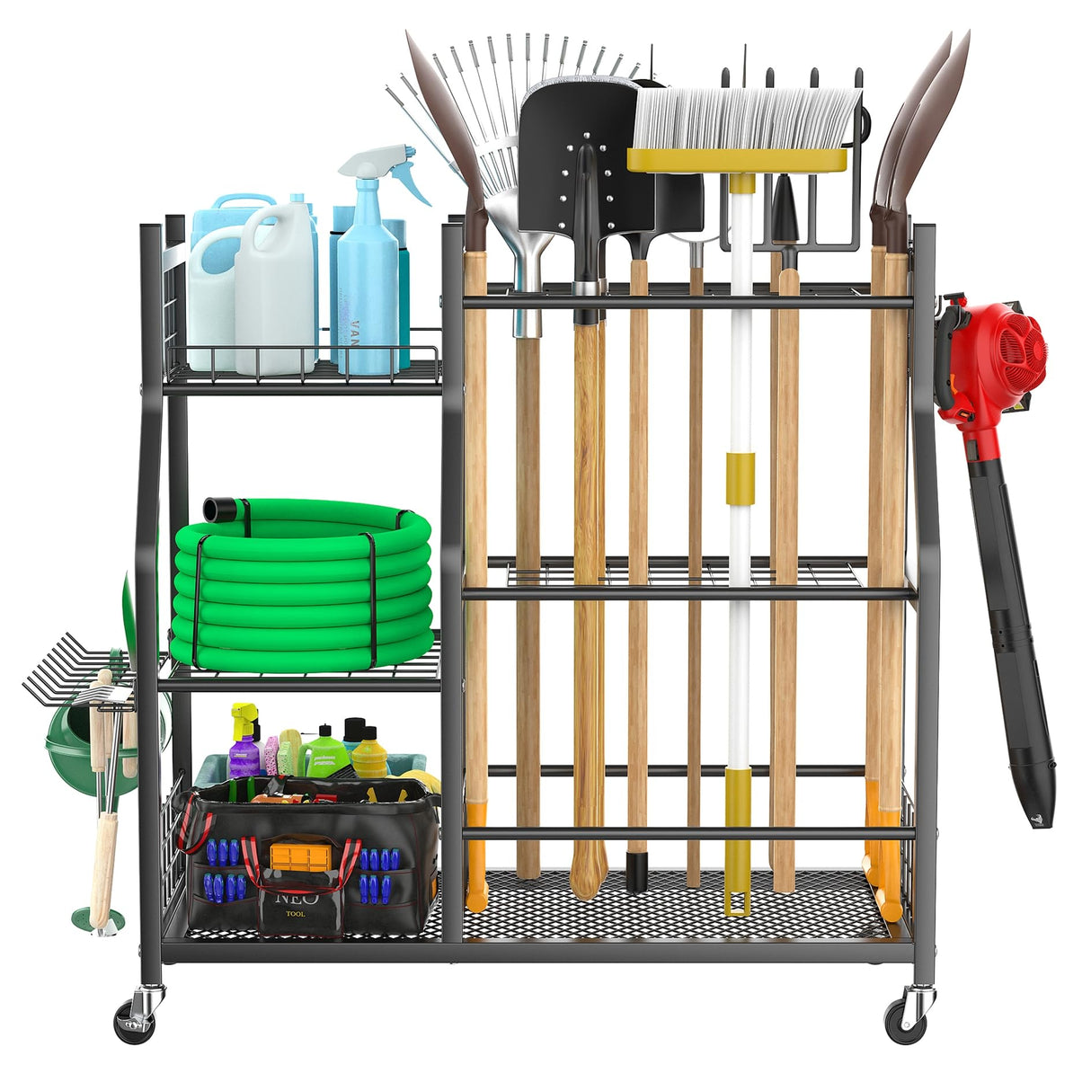 WALMANN Garden Tool Organizer with Wheels for Garage, Large Storage Capacity, Rakes/Shovels/Yard Tools Storage Stand for Shed, Garden, Indoor/Outdoor Long-Handled Tools Rolling Cart WALMANN