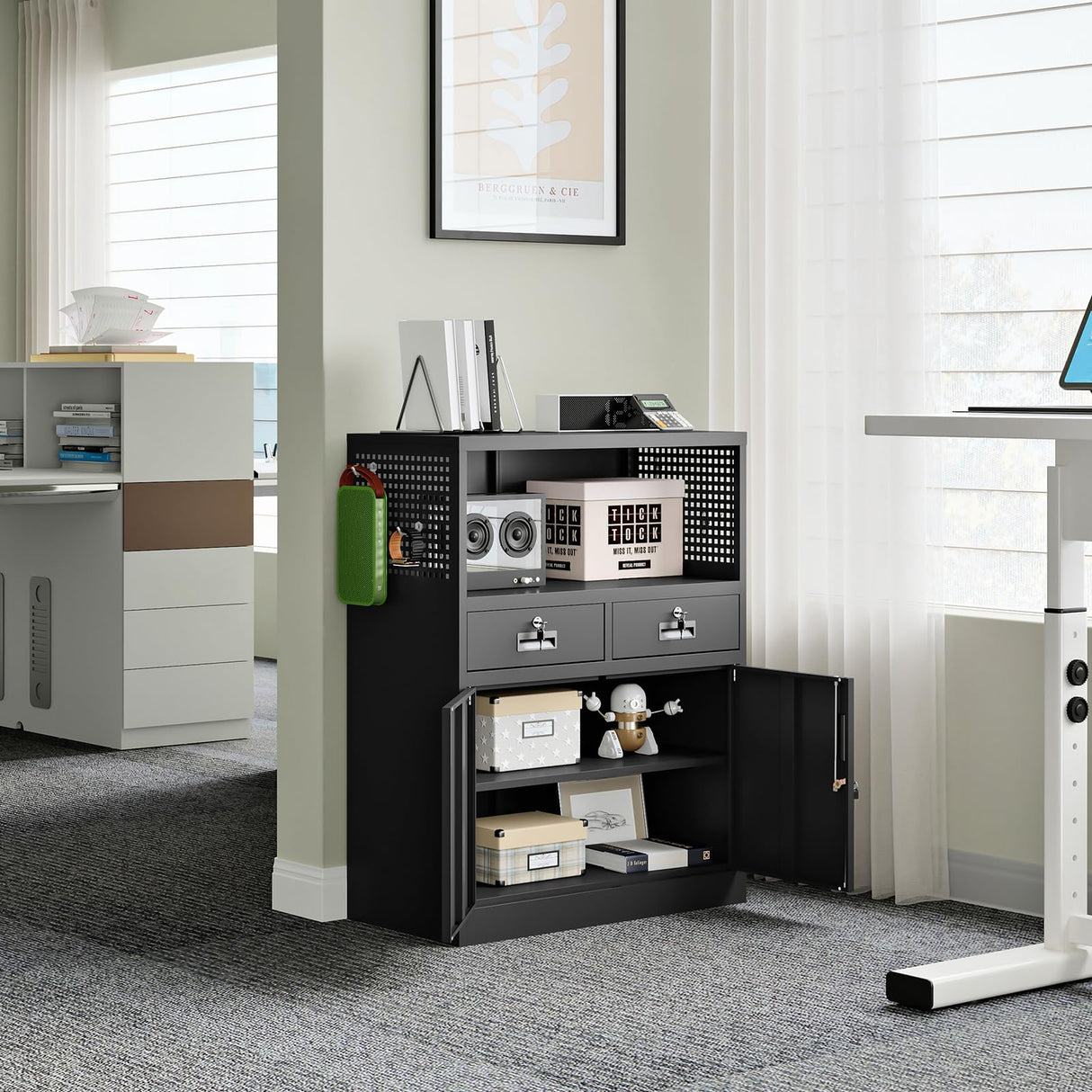 Yizosh Locking Cabinet with 2 Drawers, Metal Storage Cabinet with Locking Doors and Shelves - 41.3" Steel Lockable Storage Cabinet, Metal Cabinet for Home Office, Garage, School (Black) Yizosh