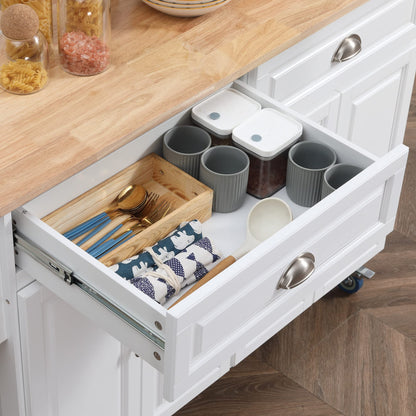 HOMCOM Rolling Kitchen Island Drop Leaf, Kitchen Cart on Wheels, Solid Wood Top Breakfast Nook with Storage Drawers, 4-Door Cabinets and Spice Rack, White - WoodArtSupply