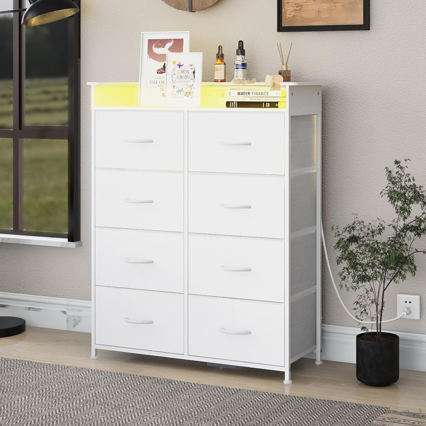 Welfuturer White Dresser for Bedroom with Power Outlets and LED Lights Narrow 8 Fabric Drawers Dressers Tall Storage Tower Unit for Entryway Closet Hallway Living Room Sturdy Steel Frame Wooden Top