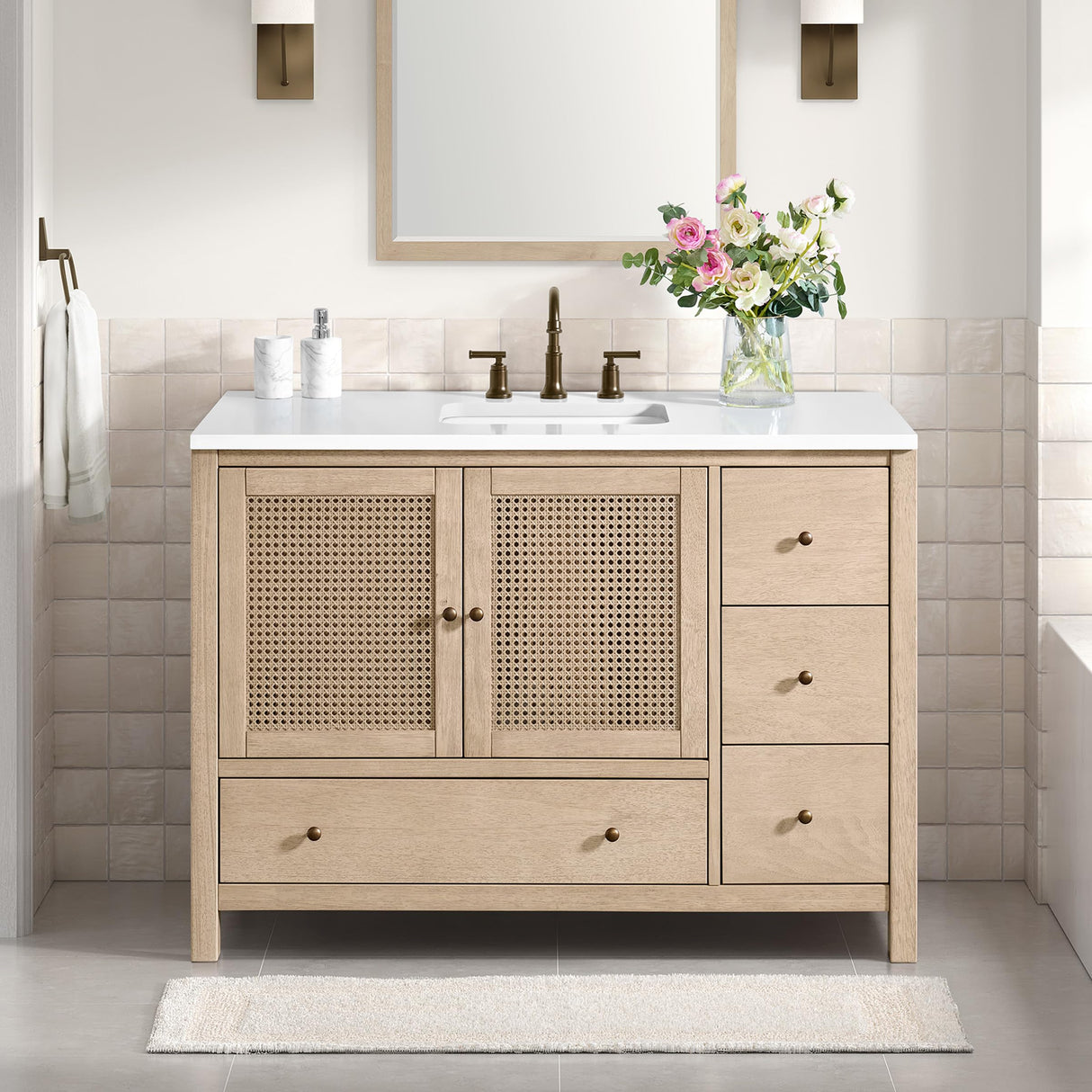 Alaterre Furniture Lucca 48 Inch Bathroom Vanity - Freestanding Cabinet Without Sink - Wood Bathroom Vanity with Large Bottom Drawer, 3 Small Drawers, and Soft-Close Doors (Natural) Alaterre Furniture
