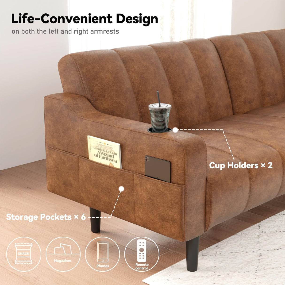 Chfeloai 80'' Futon Sofa Bed, Faux Leather Sleeper Couch, Convertible Loveseat with Adjustable Sofa Backrest, Modern Couches for Living Room, Bed Room, Apartment, Office (Brown) Chfeloai