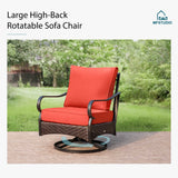 MFSTUDIO 5 Pieces Outdoor Patio Furniture Set, Metal Outdoor Conversation Sofa, Rattan Wicker Patio Sectional Sofa Set with 4 x Swivel Single Sofa, 1 x Fire Pit Table, Red MFSTUDIO