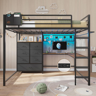 DICTAC Full Loft Bed with L-Shaped Desk and 7 Storage Drawers,Metal Full Size Loft Bed for Teen with LED Lights and Charging Station,13.11" H Safety Guardrail and Ladder,No Box Spring Needed, Black