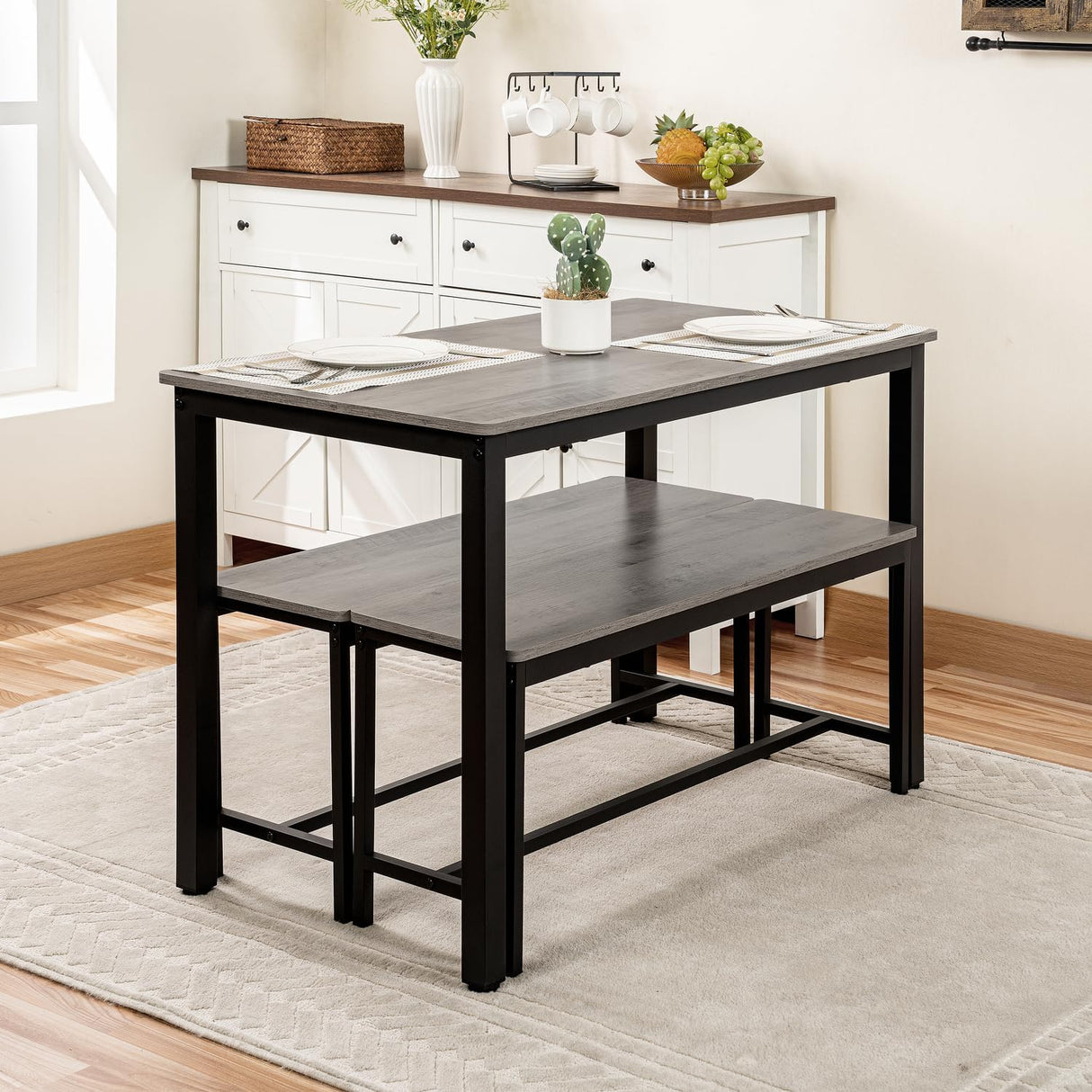 Naomi Home Paola 3-Piece Dining Table Set with 2 Benches – Compact Kitchen Table with Space-Saving Slide-Under Seating, Gray Engineered Wood Top & Steel Frame, Ideal for Apartments & Small Spaces Naomi Home