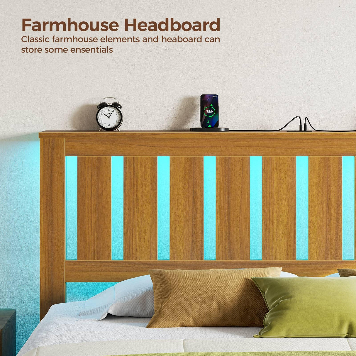 Rolanstar Queen Bed Frame with Headboard, Charging Station and LED Lights, Wooden Bed Frame Foundation with Wood Slat Support, No Box Spring Needed, Pine Rolanstar