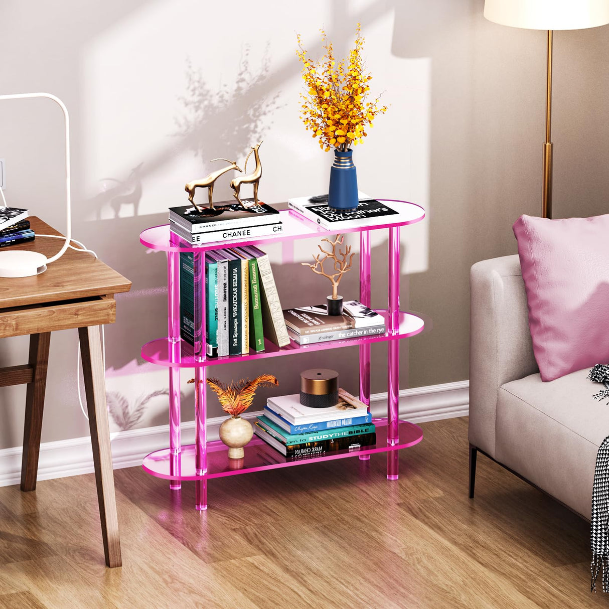solaround Clear Bookshelf, Acrylic Bookcase with Open Book Shelf Console Table for Entryway Office (3 Tier Pink) solaround