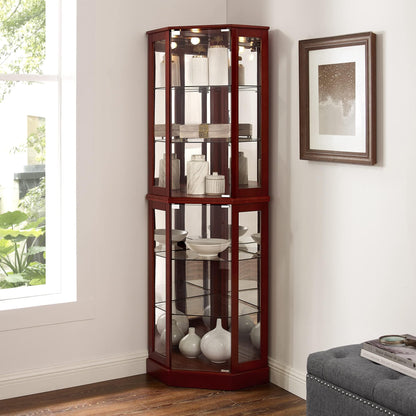 Mcltopz Lighted Corner Curio Cabinet with Tempered Glass Doors, 6 Shelf Curio Diapaly Cabinet with Adjustable Shelves and Mirrored Back Panel, Floor Standing Glass Display Cabinet No Bulb (Cherry)