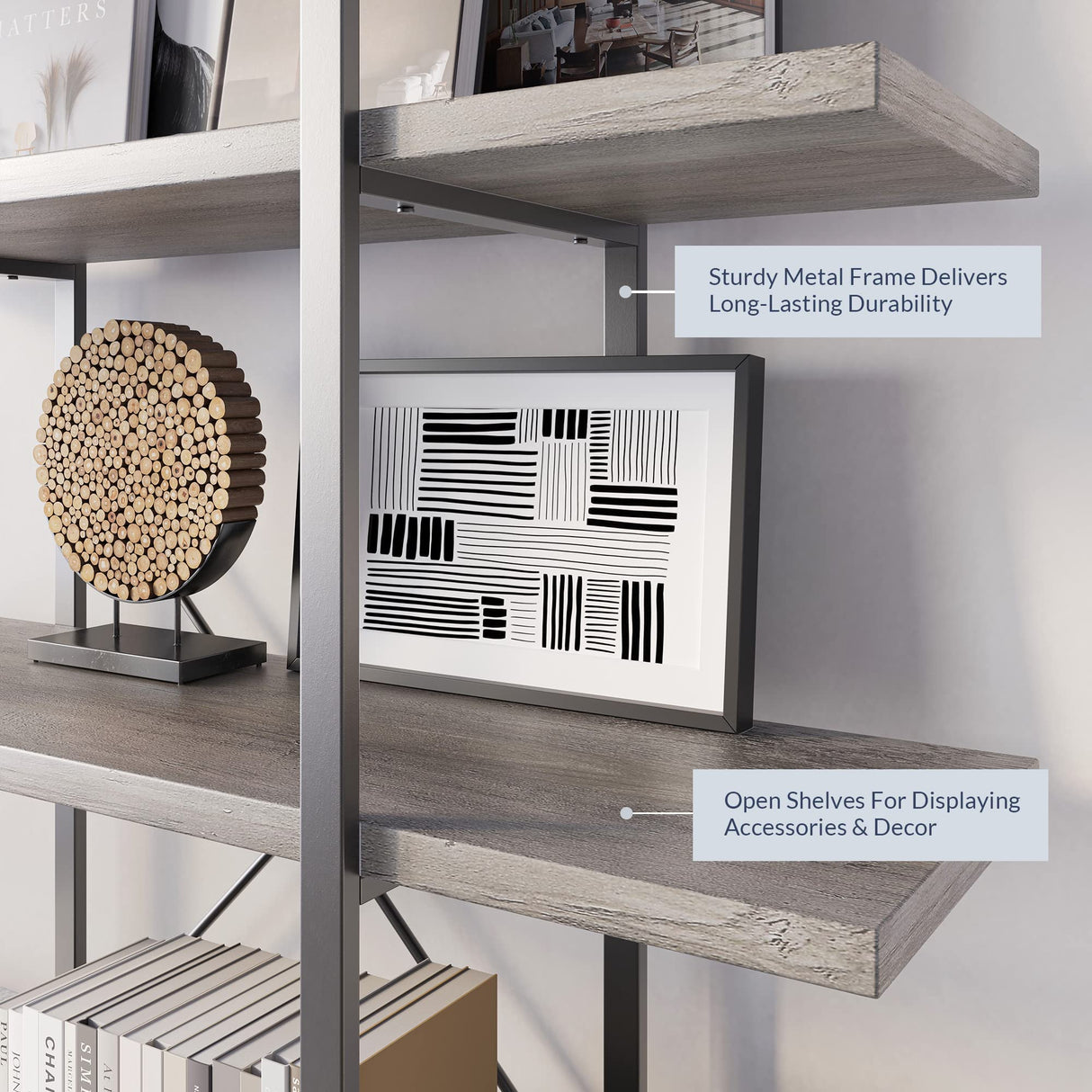 BELLEZE 5-Tier Wood Bookshelf, 70 Inch Industrial Storage Shelves Organizer for Living Room, Pantry, Home Office and Garage, Open Display Shelves with Metal Frame - Gray Wash BELLEZE