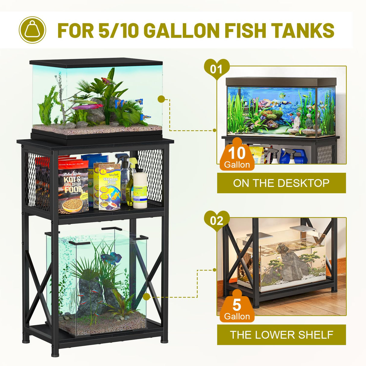 Snughome Fish Tank Stand, 10 Gallon Aquarium Stand with Storage, 3 Tier Heavy Metal Fish Tank Stand Fish Tank Shelf 20.47" x 11.42" x 30.91", Black Snughome