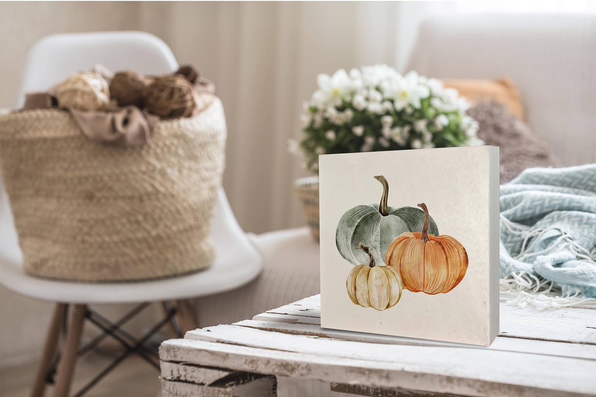 KEUSPI Fall Pumpkin Desk Decor,Farmhouse Pumpkin Fall Harvest Wood Sign Plaque,Fall Signs,Boho Fall Pumpkin Home Farmhouse Decor (orange2), 5x5inch KEUSPI