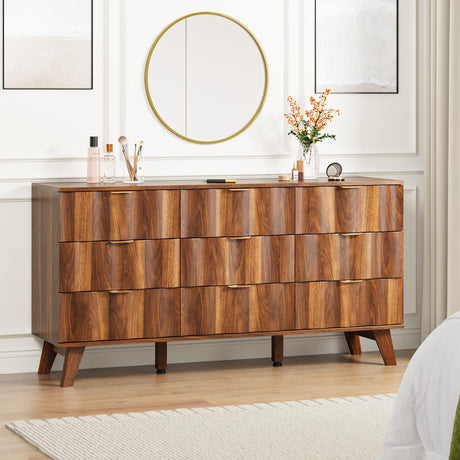 QEIUZON 9 Drawer Dresser, Modern Fluted Storage Dresser with Deep Drawers and Metal Handles, Wood Chest of Drawers Storage Organizer for Bedroom, Living Room, Hallway (Walnut) QEIUZON