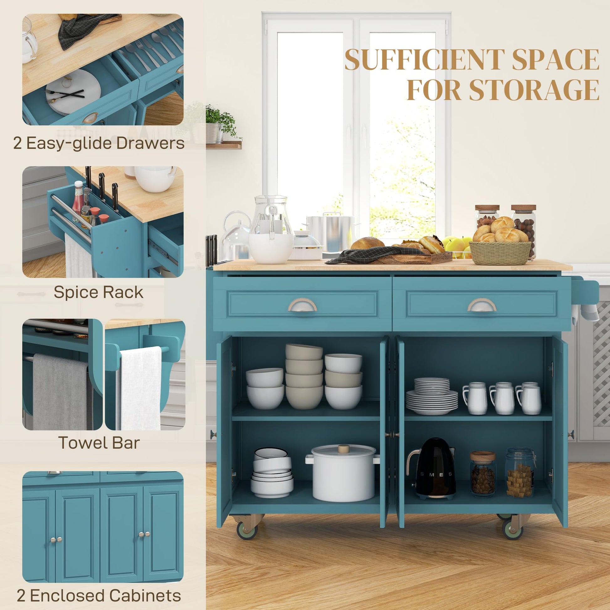 HOMCOM Rolling Kitchen Island Drop Leaf, Kitchen Cart on Wheels, Solid Wood Top Breakfast Nook with Storage Drawers, 4-Door Cabinets and Spice Rack, Light Blue - WoodArtSupply