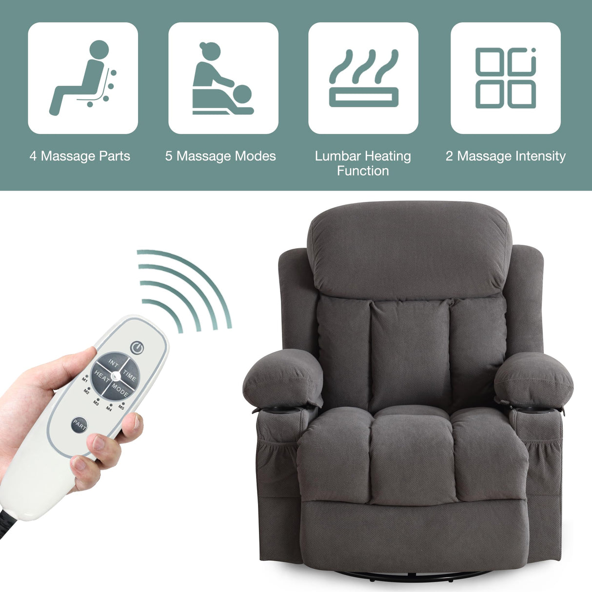 BOSMILLER Massage Recliner Chair, Swivel and Rocking Recliner with Heat and Vibration, Breathable Fabric Ergonomic Single Sofa Chair for Living Room with Cup Holders, Side Pockets and USB (Grey) BOSMILLER