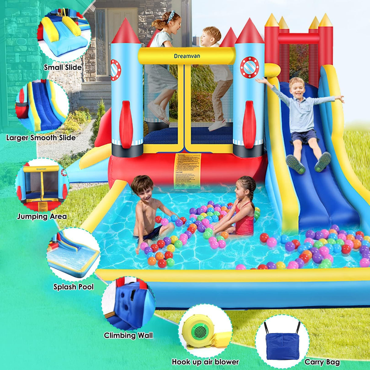 AKEYDIY Bounce House Water Slide Rocket Blast- 13X12ft Inflatable Water Slides Park for Kids 3-12, Large Adventure Water Park W/Pool,Climbing Wall,Bouncer Area/Water Bounce House for Kids Backyard AKEYDIY