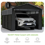 Real Relax 10x15ft Heavy Duty Metal Carport with Galvanized Steel Roof, Removable Sidewalls, Outdoor Car Port Shelter for Cars, Trucks and Boats, Gray Real Relax