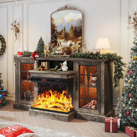 oneinmil 59'' Fireplace TV Stand, 3 Sided Glass Media Entertainment Center Console Table for TVs up to 65'' with Glass Door Adjustable Flame LED Color for Living Room, Set of TV Table, Grey oneinmil