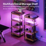 HOOBRO 4-Tier AV Media Stand, Media Console with Charging Station and LED Light Strip, Entertainment Device Stand, Game Console, Record Player, Media Accessories, Rustic Brown and Black BF38UDCJ01 HOOBRO