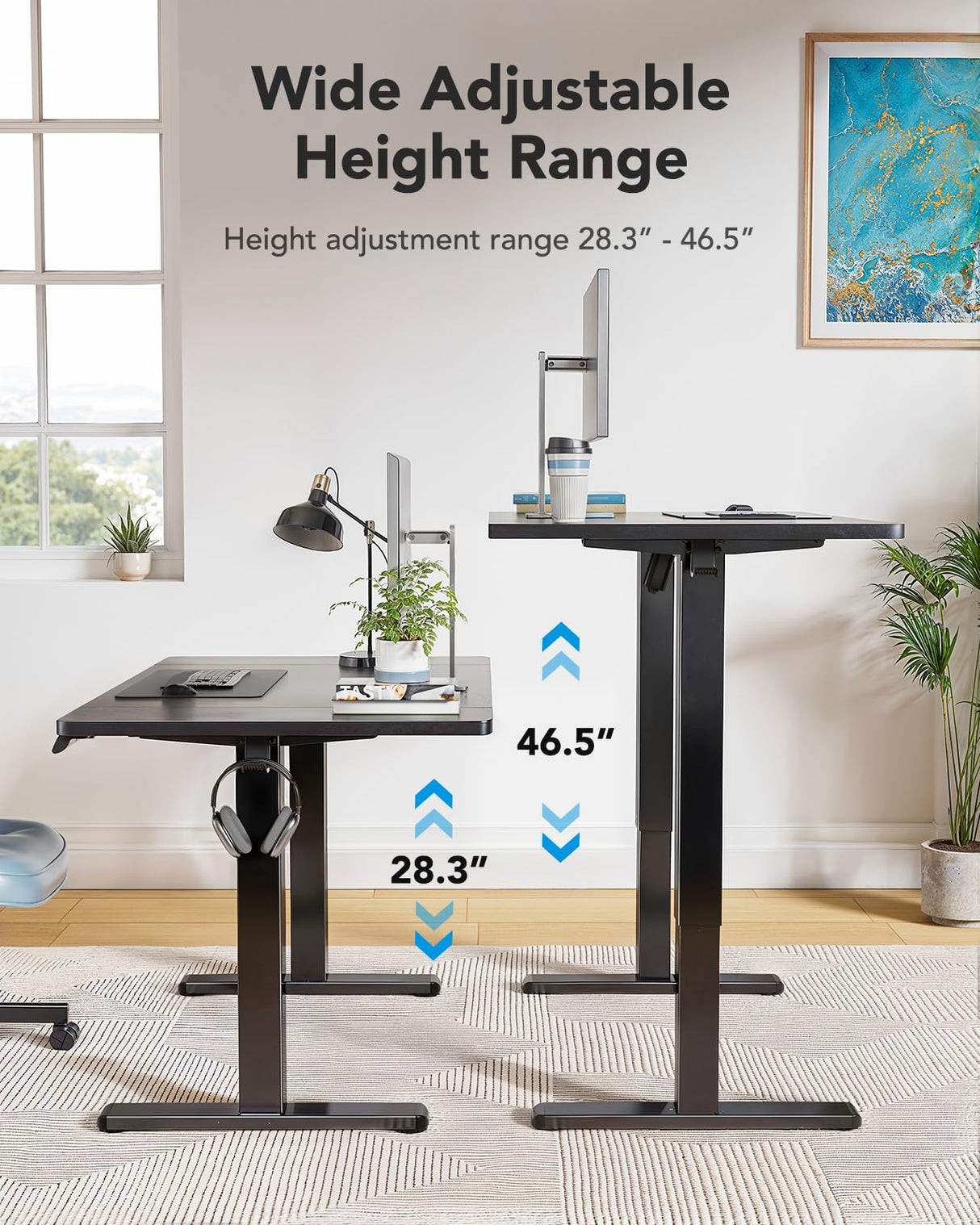 HUANUO 48 x 24 inch Electric Standing Desk, Height Adjustable Table with Headphone Hooks & Cable Manager, Sit to Stand up Desk for Home Office, Black HUANUO