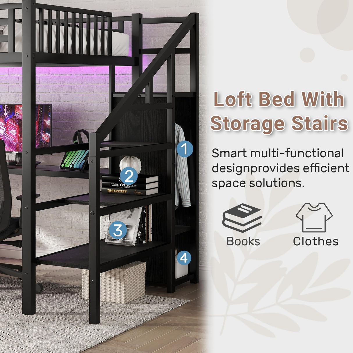 Full Size Loft Bed with Desk and Stairs, Gaming Loft Bed with RGB LED Light and Storage, Heavy-Duty Metal Lofts Beds Frame with Wardrobe, Shelves and Charging Station for Adults Kids Teens, Black Mirightone