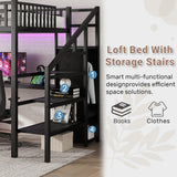 Full Size Loft Bed with Desk and Stairs, Gaming Loft Bed with RGB LED Light and Storage, Heavy-Duty Metal Lofts Beds Frame with Wardrobe, Shelves and Charging Station for Adults Kids Teens, Black Mirightone