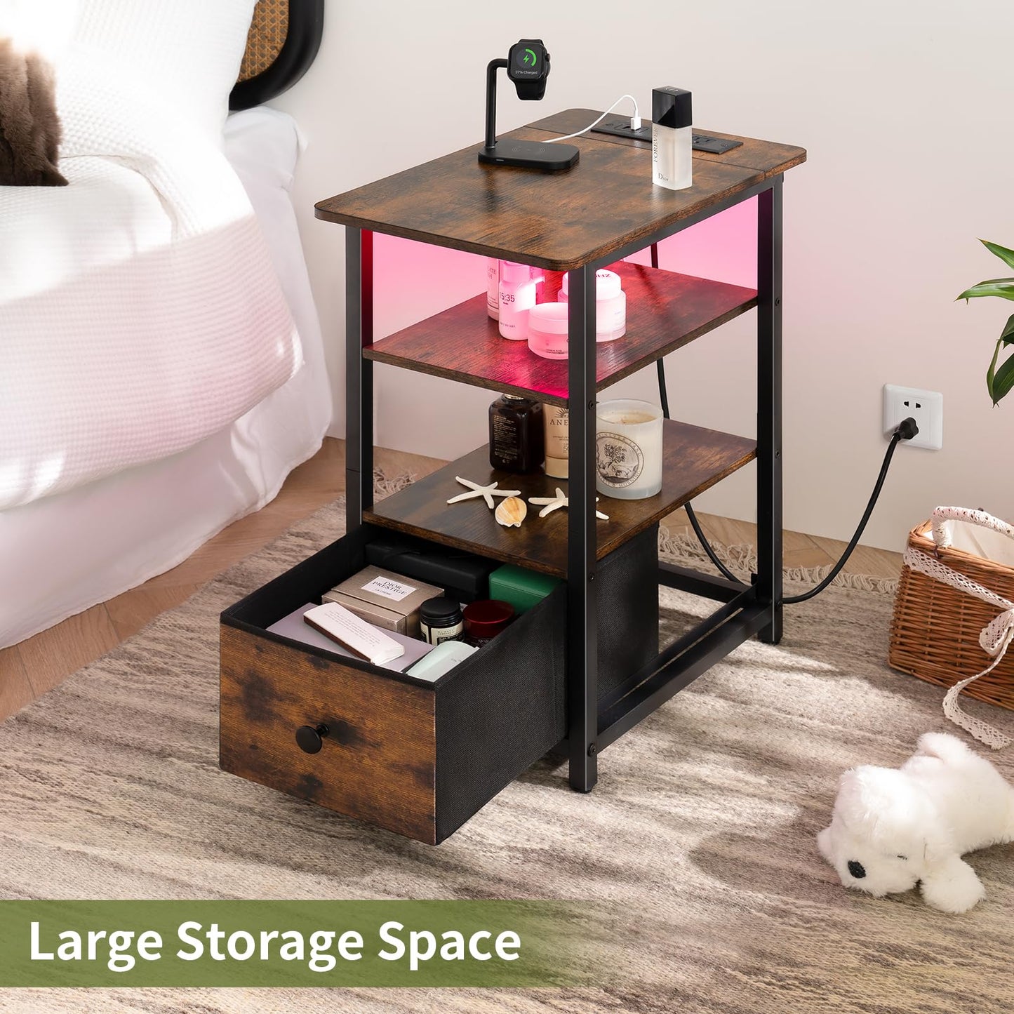 Yoobure End Table with Charging Station, Narrow Side Table with Adjustable Fabric Drawer, 3-Tier End Tables Living Room, Small Nightstand with Outlets, LED Skinny Night Stand for Bedroom Small Spaces