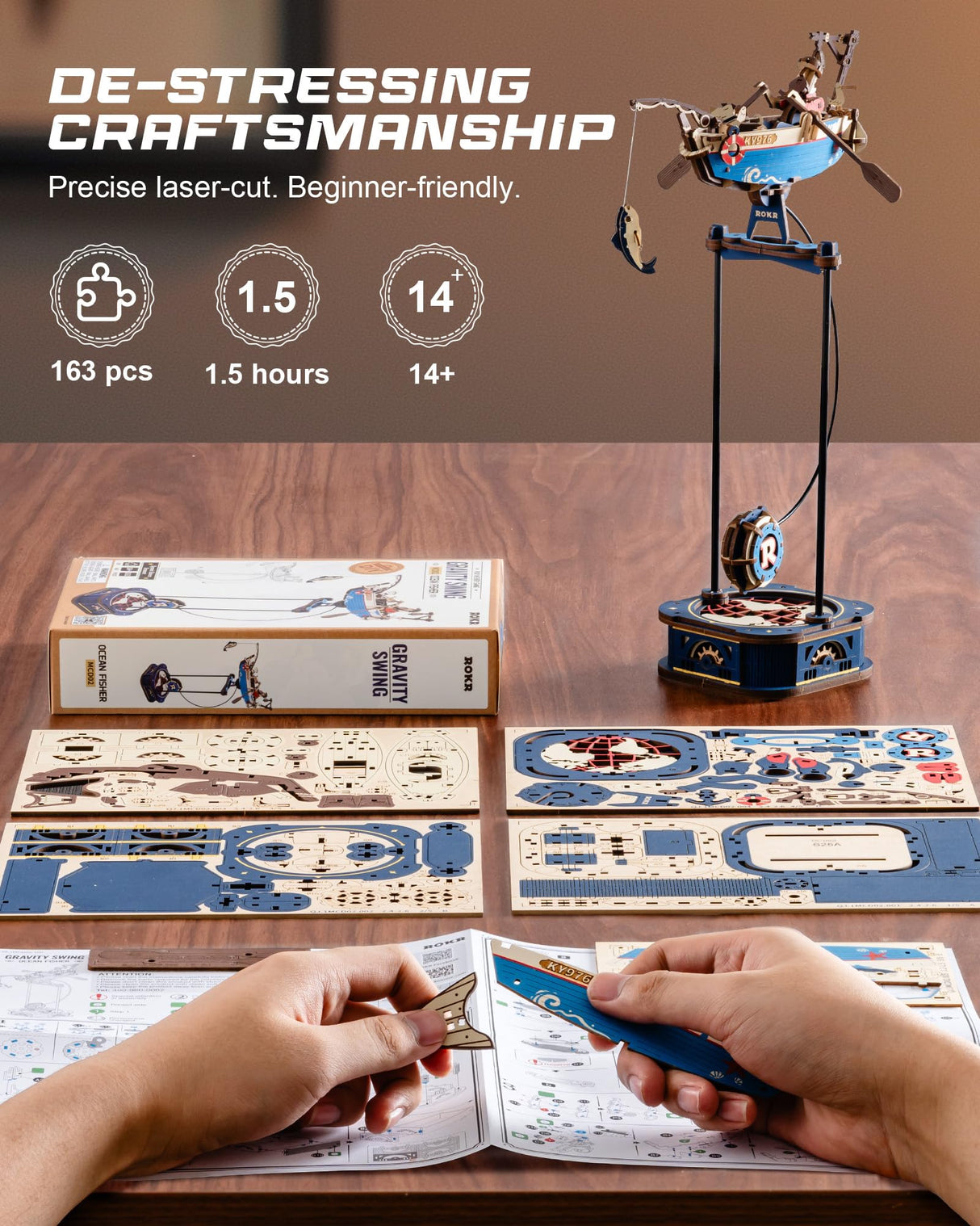 ROKR 3D Wooden Puzzles for Adults,Gravity Swing Ocean Fisher Model kit, 161Piece 3D Puzzles for Adults ROKR