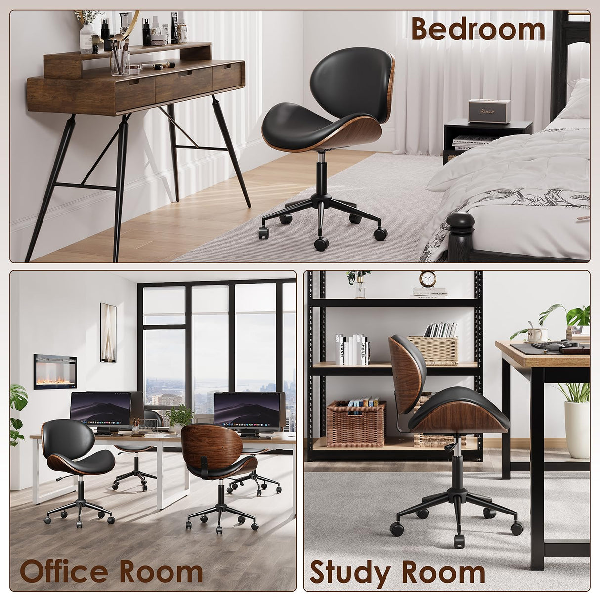 LUXOAK Ergonomic Home Office Desk Chair Set of 2, Mid-Century Modern Armless Chair with PU Leather/360°Swivel Wheels/Seat Height Adjustable for Office, Study, Black LUXOAK