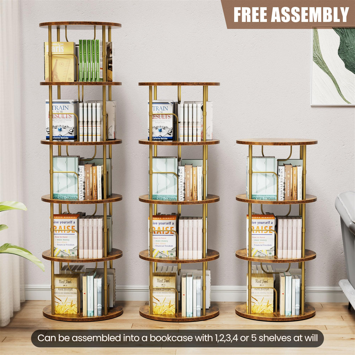 Flycity 5 Tier Rotating Bookshelf, 360° Corner Bookshelf Tower, Round Revolving Bookcase with Special Visible Partition Storage, Narrow Book Shelf Organizer for Living Room, Small Space, Gold Flycity