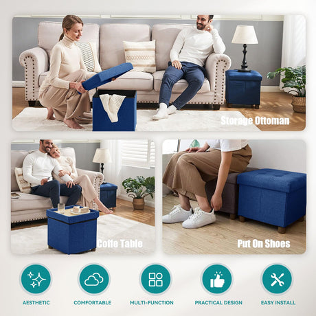 BRIAN & DANY Small Ottoman with Storage, Small Storage Ottoman, Folding Foot Stool with Wood Legs for Living Room and Bedroom Linen Rest Seat, 12.6"x12.6"x12.8" - Blue BRIAN & DANY