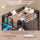 DICTAC Bunk Bed with Desk,Led Lights and Charging Station Metal L-Shaped Twin Over Twin Bunk Beds with Storage Drawers and Shelves, Loft Bed with Safety Guardrail and Ladder for Kids and Teen,Black DICTAC