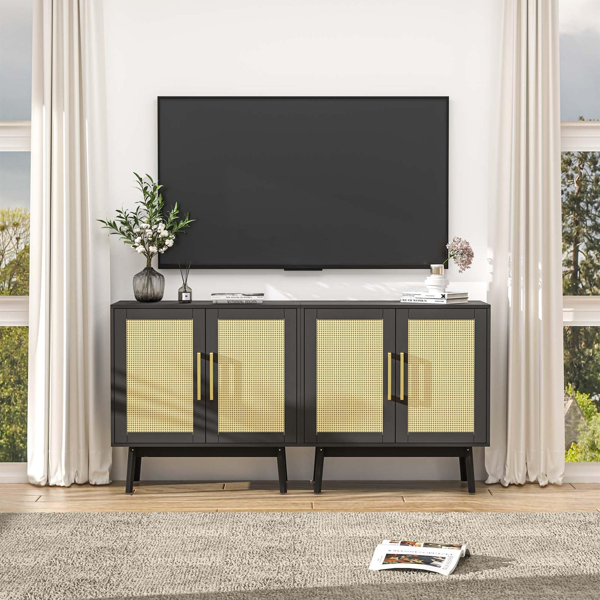 LYNSOM Buffet Cabinet with Storage, Sideboard Buffet Storage Cabinet with Rattan Decorated Doors, Set of 2 Accent Cabinet with Solid Wood Feet for Living Room, Entry, Hallway, Black LYNSOM