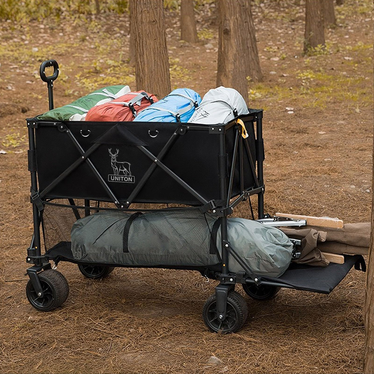 UNITON Double Decker Wagon 600lb Capacity & 400L Collapsible Sports Wagon with Big Wheels 54" Extended Utility Folding Wagon Cart for Camping Fishing & Outdoor Use UNITON