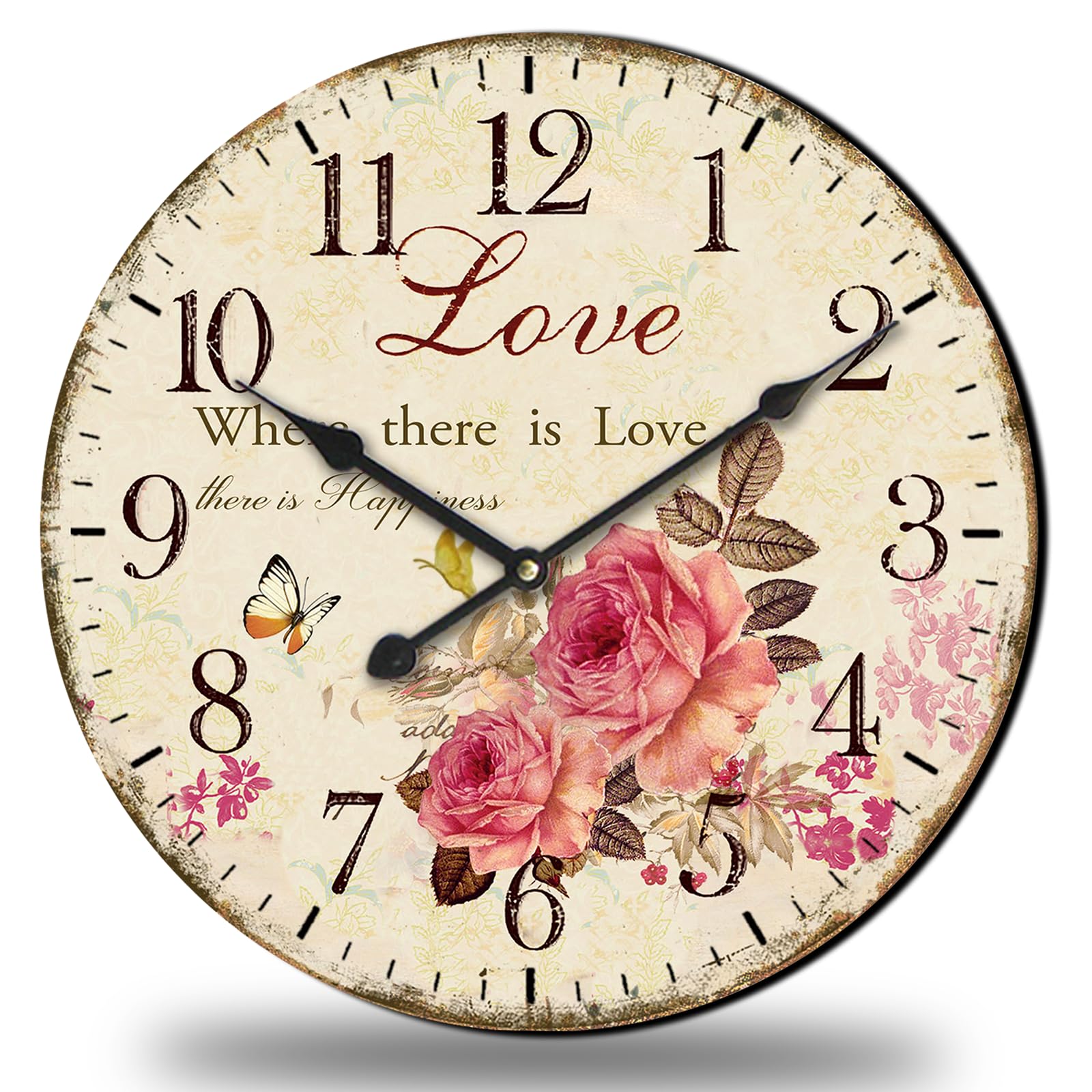 Eruner 24 Inch Wooden Wall Clocks Love Rose Vintage Wall Clock Large Farmhouse Clocks French Clocks Retro Rustic Wall Clock Silent Scan Non-Ticking for Home Living Room Bedroom Kitchen - WoodArtSupply