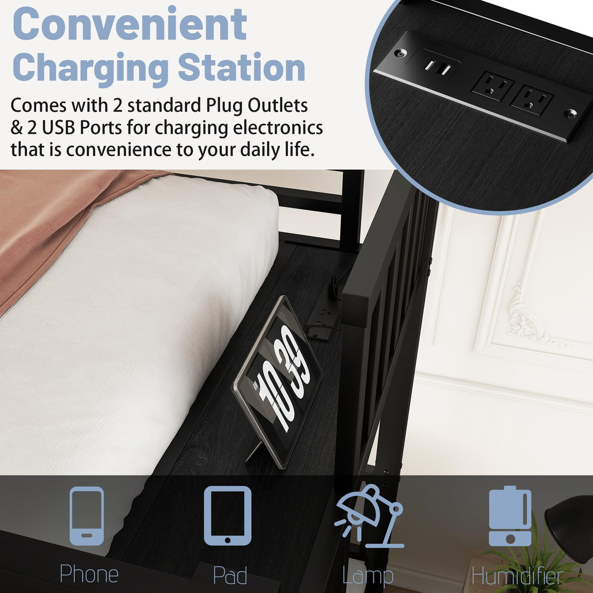 Triple Bunk Bed with LED Light,Metal Heavy Duty 3 Bunk Beds for Kids with Charge Station & Storage Shelf, Convertible Three Bunk Beds for Girls Boys Teens,Can be Separated into 3 Beds, Black Mirightone