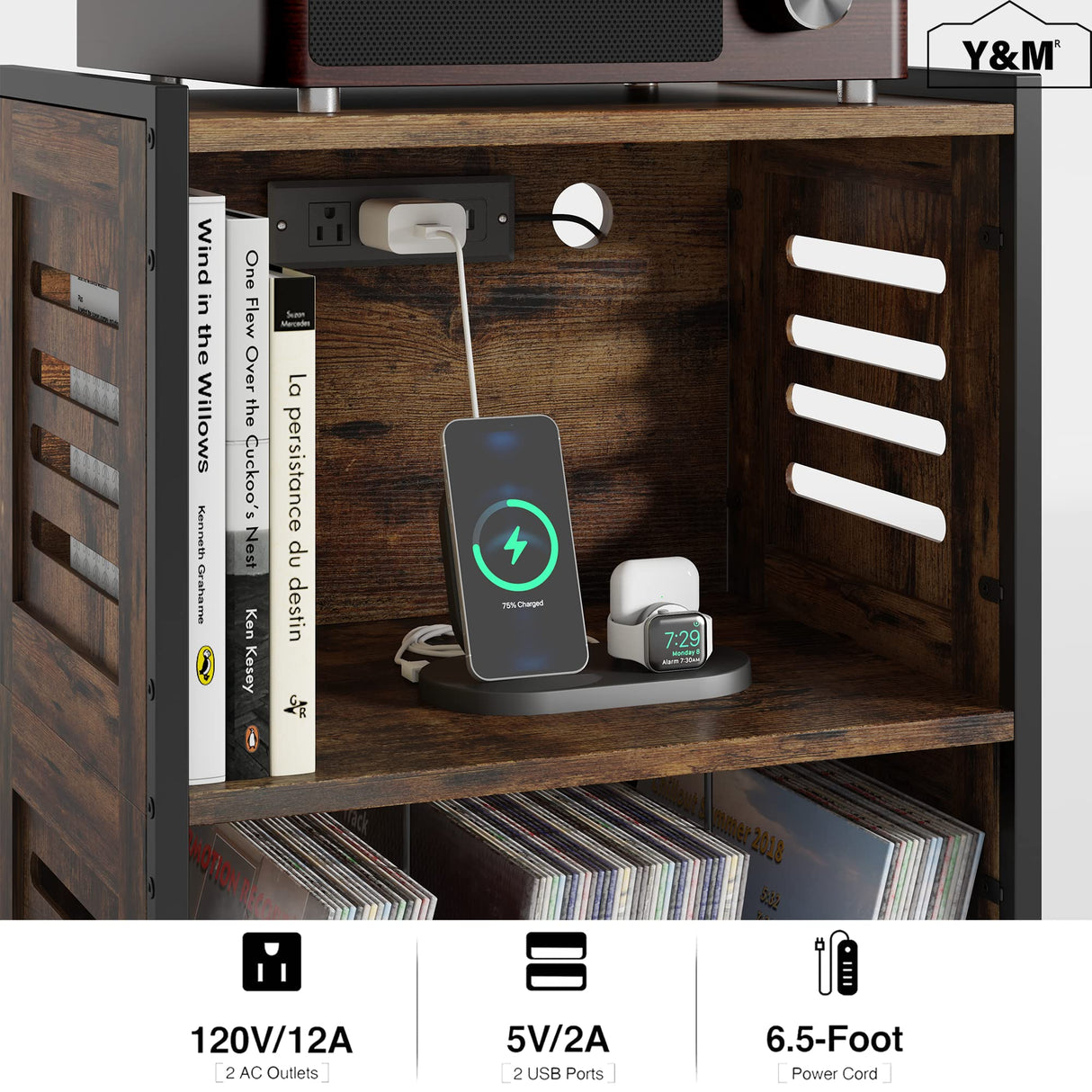 Y&M Record Player Stand, Vinyl Turntable Stand with Charging Station and USB Port, Record Display Table with Storage Cabinet, Turntable Holder, End Table, Nightstand for Bedroom, Living Room, Brown Y&M