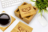 Customized Bamboo Square Coaster Set of 4 with Holder, Engraved Drink Custom Coasters – Wedding, Birthday, Anniversary, Dad, Mother, Corporate Gift JDS