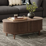 LINSY HOME Oval Coffee Table, Wood Coffee Table with Storage, Fluted Accent Center Table with Sliding Tambour Door, 39" Mid Century Modern Coffee Tables for Living Room, Bedroom, Apartment, Walnut LINSY HOME