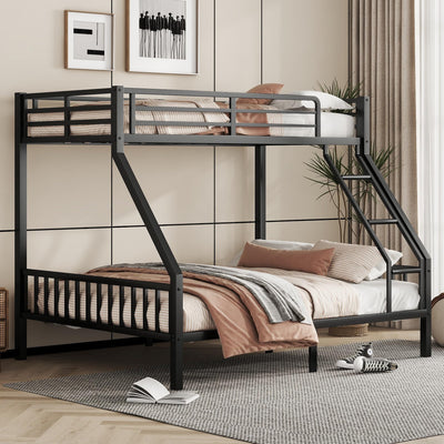 Luckiofvonne Twin XL Over Queen Bunk Bed for Adults, Heavy-Duty Metal Bunk Bed Frame with Ladder & Soft PVC Cover, High Guardrail and Slats Support, No Box Spring Needed, Black