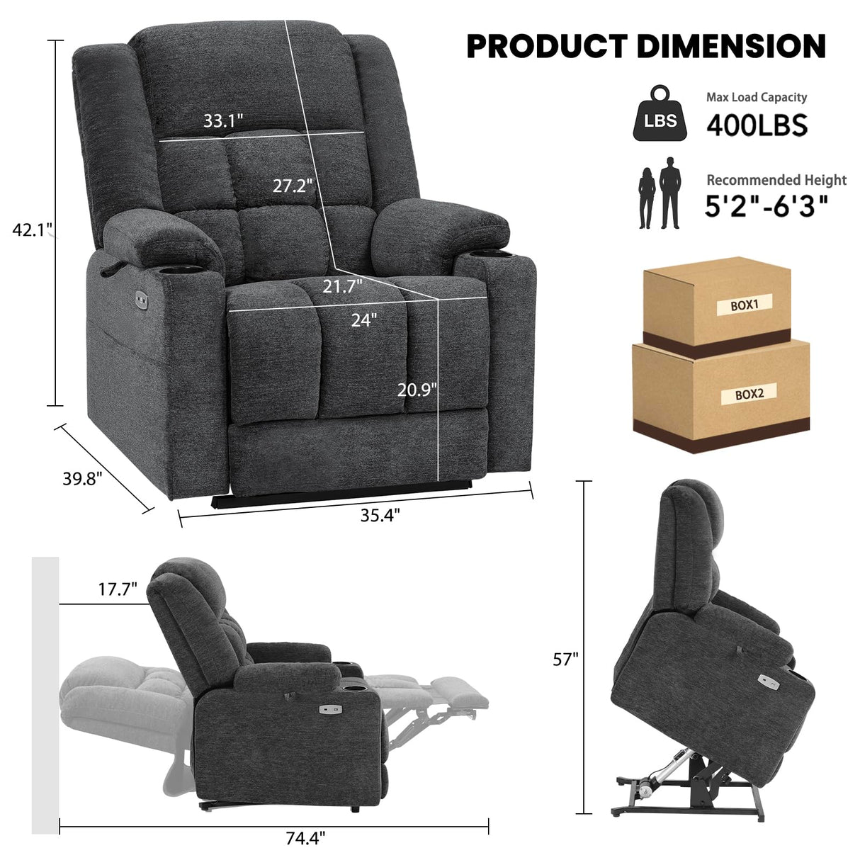 EONIX Dual Motor Lay Flat Power Lift Recliner Chair for Elderly, Electric Recliner Lift Chair for Adults with Heat and Massage, Cup Holders, 400lbs Heavy Duty, SLRY014062, Dark Grey EONIX