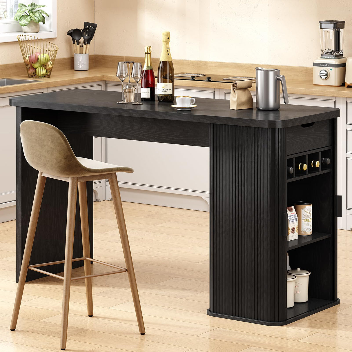 ONBRILL 59 Inch Kitchen Island with Storage, Fluted Counter Height Table, Mid-Century Modern Kitchen Island Table with Sliding Door, Home Bar Tables with Wine Rack and Drawers Black ONBRILL
