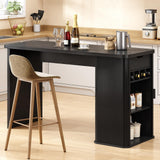 ONBRILL 59 Inch Kitchen Island with Storage, Fluted Counter Height Table, Mid-Century Modern Kitchen Island Table with Sliding Door, Home Bar Tables with Wine Rack and Drawers Black ONBRILL