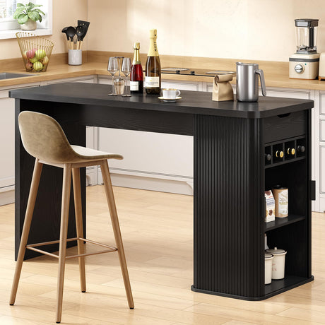 ONBRILL 59 Inch Kitchen Island with Storage, Fluted Counter Height Table, Mid-Century Modern Kitchen Island Table with Sliding Door, Home Bar Tables with Wine Rack and Drawers Black ONBRILL