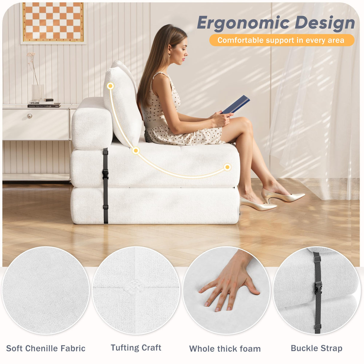 Homall Folding Sofa Bed, Convertible Sleeper Sofa Couch with Headrest & Lumbar Pillow, Chenille Fabric Chair Bed, Single Futon Mattress for Living Room, Apartment, Office (White) Homall