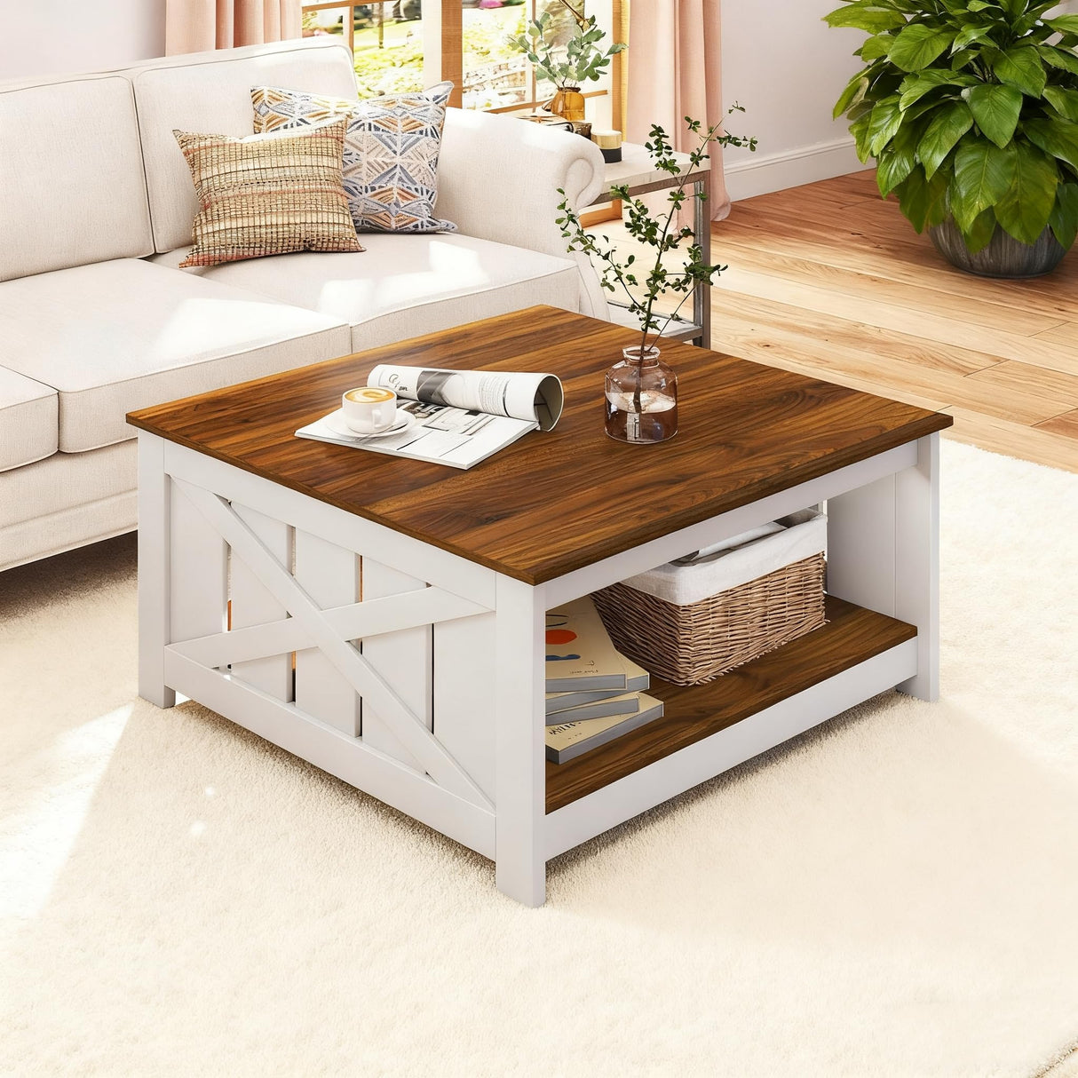 Giantex Farmhouse Coffee Table, 31 Inch Square Wood Coffee Table with Storage Shelf, 2-Tier Vintage Center Table with Open Compartment, Rustic Living Room Table for Home Office, White & Brown Giantex