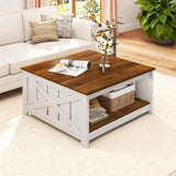 Giantex Farmhouse Coffee Table, 31 Inch Square Wood Coffee Table with Storage Shelf, 2-Tier Vintage Center Table with Open Compartment, Rustic Living Room Table for Home Office, White & Brown Giantex