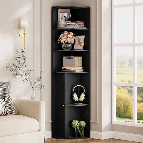 IRONCK 71" Tall Corner Cabinet with Doors, 5-Tier Open Bookcase and Bookshelf, Freestanding Display Storage Shelves Tall Bookcase for Bedroom, Living Room and Office, Black IRONCK