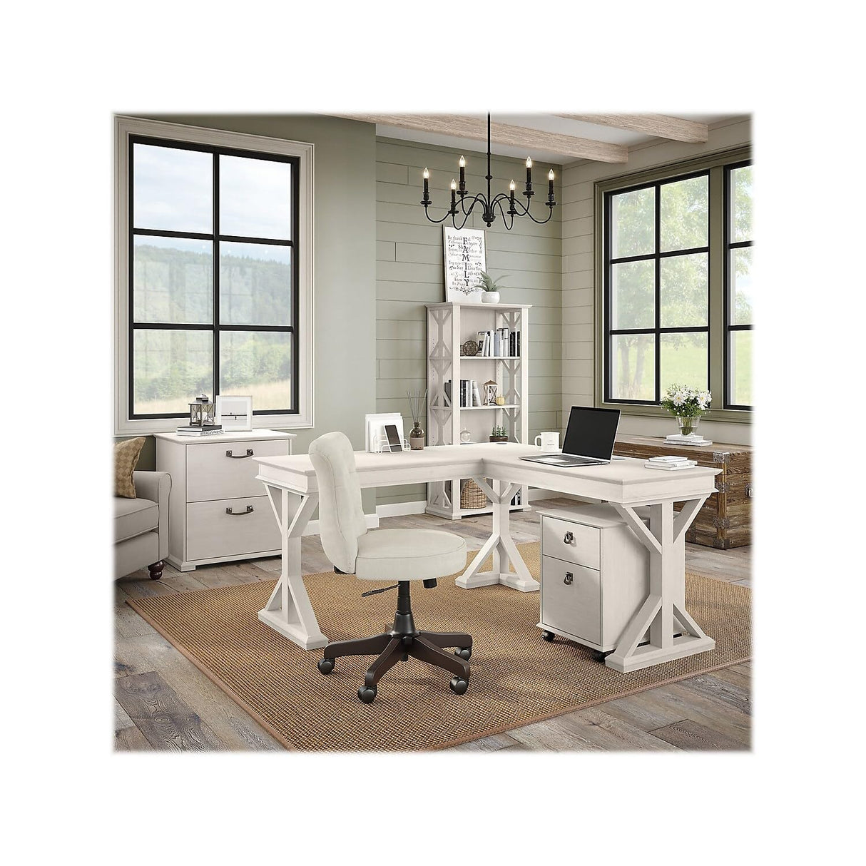 Bush Furniture Homestead Farmhouse L Shaped Desk, 60W, Linen White Oak Bush Business Furniture