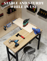 GarveeTech Adjustable Height Workbench, 48" Rubber Wood Top Heavy Duty Work Bench with Power Outlets, 2200 LBS Load Capacity Hardwood Work Bench Table for Workshop, Garage, Office, Home GarveeTech