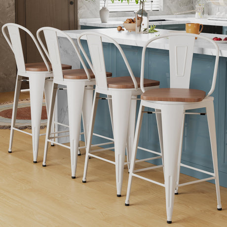 Alunaune 24" Swivel Metal Bar Stools Set of 4 High Back Counter Height Barstools Industrial Dining Bar Chairs with Large Wooden Seat-White Alunaune